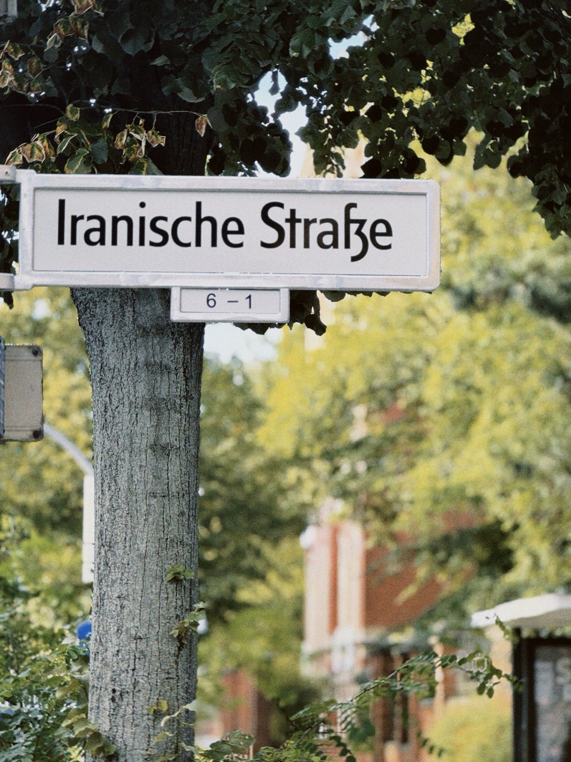 A Berlin street sign reading Iranische Straße, framed by a tree and autumn foliage.