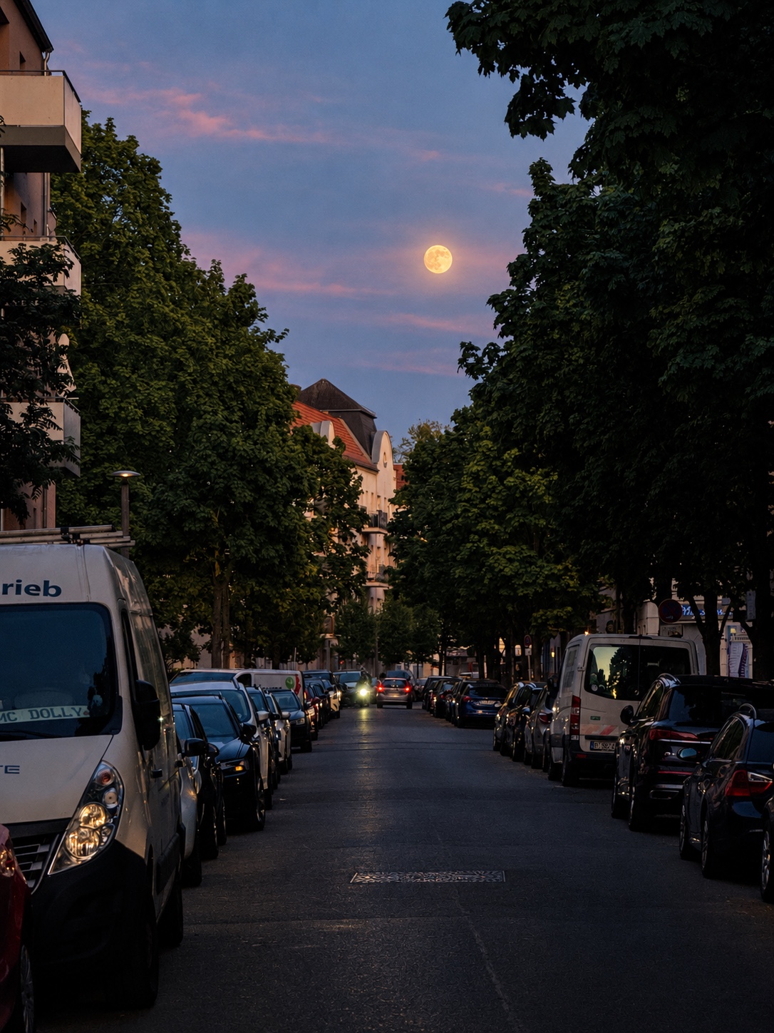 A full moon above a tree-lined residential street in Berlin, Germany, with parked cars, apartment buildings and evening lights.