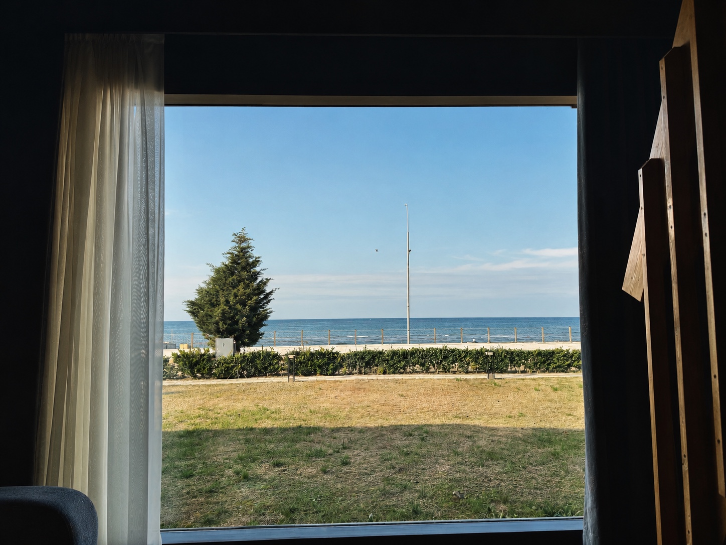 A view of the Caspian Sea in Mazandaran, Iran, framed by dark curtains and a window, with a tree, seaside path and sunlit grass in the foreground.
