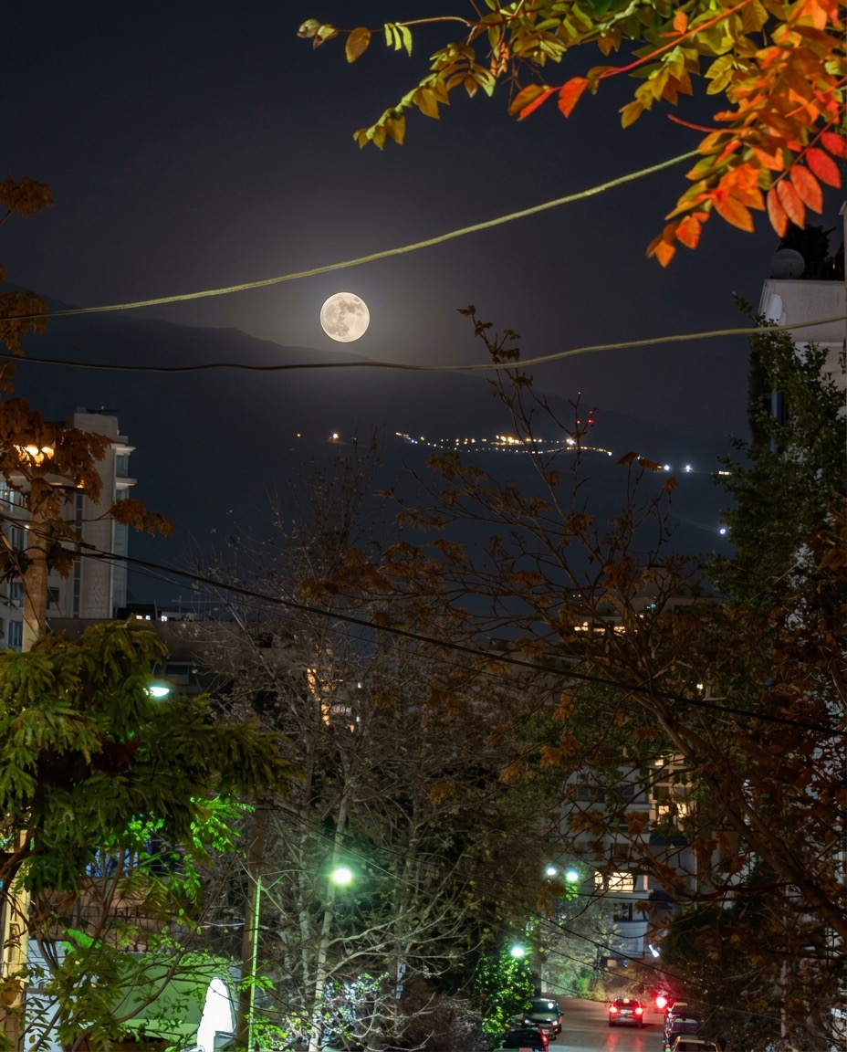 A full moon above the mountains of Tehran, Iran, framed by autumn leaves, overhead wires, trees and illuminated city streets at night.