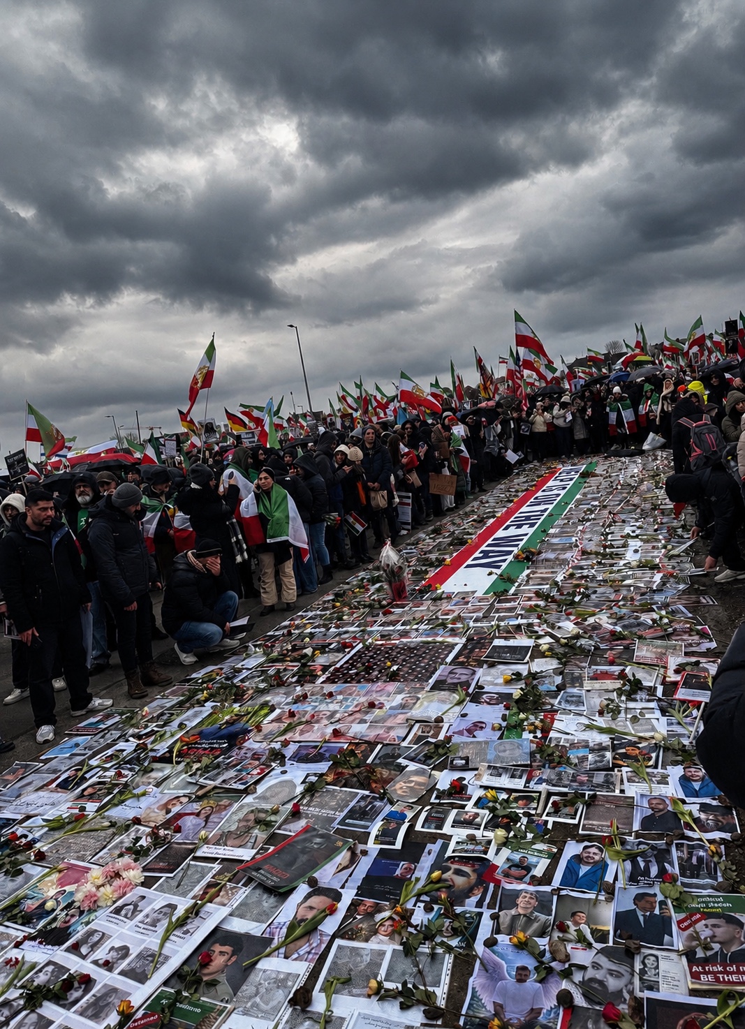 A large gathering of people in Munich surrounding a memorial display of photographs and flowers, with Iranian flags raised beneath a dark cloudy sky.