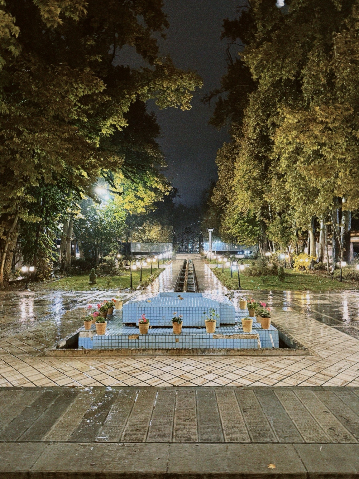 A nighttime view of a tree-lined garden and tiled fountain in Tehran, Iran, after rain, illuminated by street and garden lights.